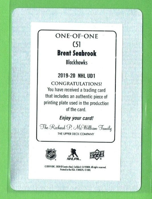 2019-20 Upper Deck Series 1 (Cyan) Printing Plate - Brent Seabrook  1/1 Chicago