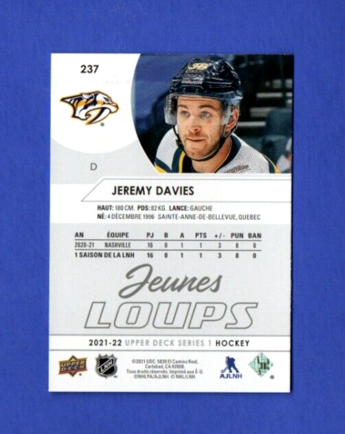 2021-22 Upper Deck Series 1 Jeremy Davies Young Guns RC #237 French Jeunes Loups
