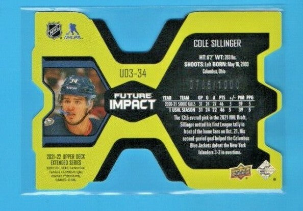 2021/22 UD Extended UD3-34 Cole Sillinger Future Impact Rookie Card 0786/1000