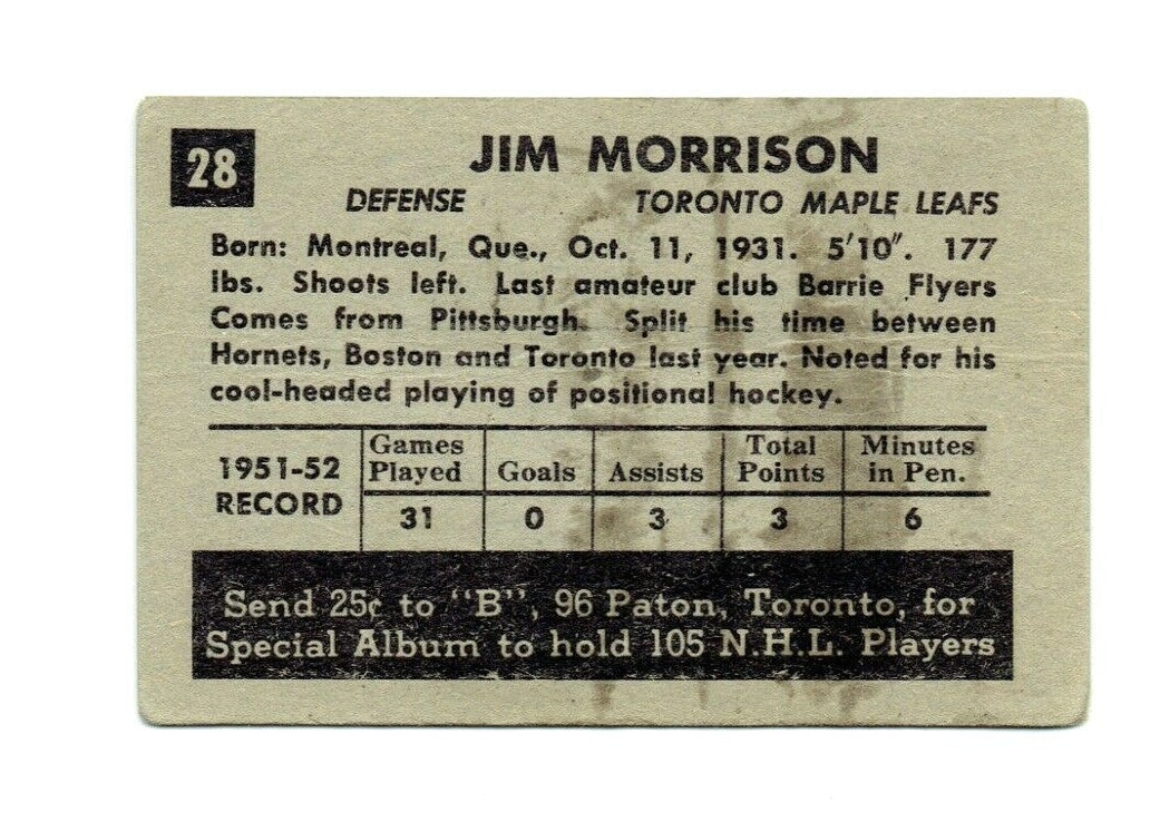 1952-53 Parkhurst Hockey #28 JIM MORRISON -Rookie (Toronto Maple Leafs)  -  VG