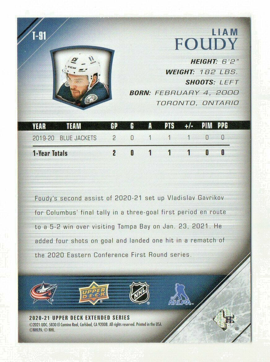 2020-21 UD Extended Series LIAM FOUDY 05-06 Young Guns Tribute RC # T-91