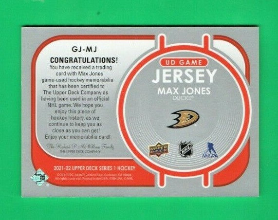 2021-22 Series 1 Game Jersey Relic #GJ-MJ Max Jones - Anaheim Ducks - Black