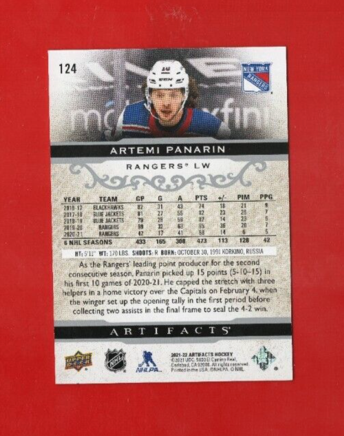 2021/22   UD  Artifacts  -  ARTEMI PANARIN  -  066/599 #124  -  New York Rangers