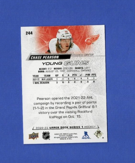 2022-23 Upper Deck Series 1 Young Guns Chase Pearson #244 RC Rookie Red Wings