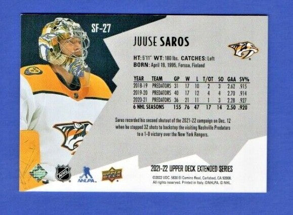 Juuse Saros   2021-22 UD Ext. SPxFinite Radiance Silver #SF-27  1687/2999