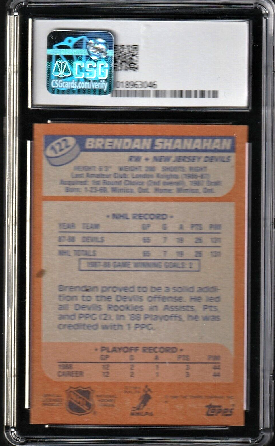 1988 Topps Hockey  Brendan Shanahan  ROOKIE #122 CSG 7.5 NRMT+ New Jersey Devils