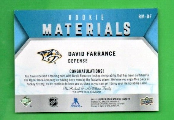David Farrance 2021-22 UD Series 2 Rookie Materials ORANGE  Jersey  -  RM-DF
