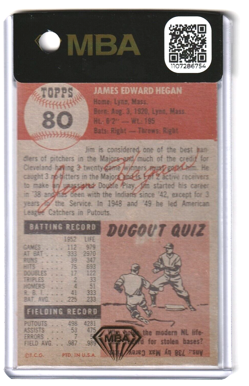 1953 Topps  -  Jim Hegan  -  SHORT PRINT #80 MBA AUTHENTIC  -  Clevelund Indians