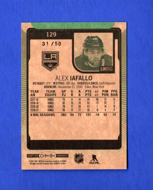 2021-22 O-Pee-Chee Green ALEX IAFALLO #129 31/50 Los Angeles Kings