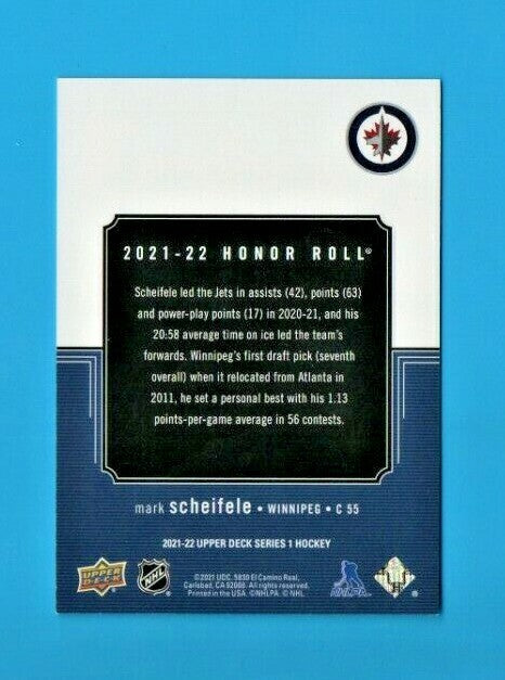 Mark Scheifele 2021-22 Upper Deck Series 1 Honor Roll Rainbow Parallel 046/250
