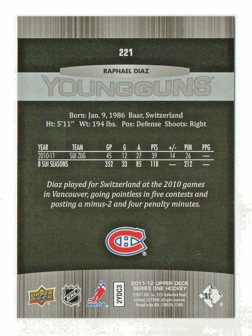  2011-12 Upper Deck Series 1 Young Guns 221 Raphael Diaz #2 Montreal Canadiens