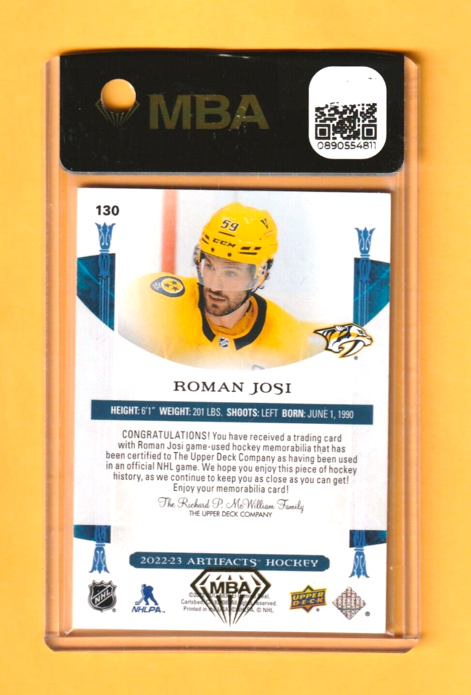 2022 Upper Deck Artifacts Materials Gold Roman Josi PATCH /199 #130 MBA AUTH