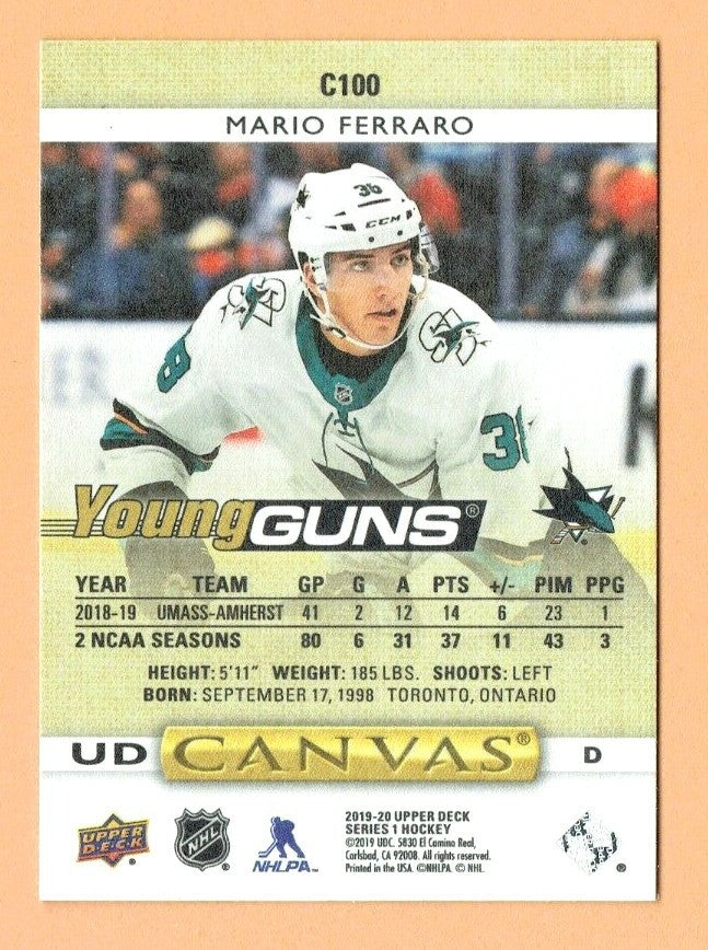 2019-20 Upper Deck - YOUNG GUNS CANVAS - Mario Ferraro C100 San Jose Sharks