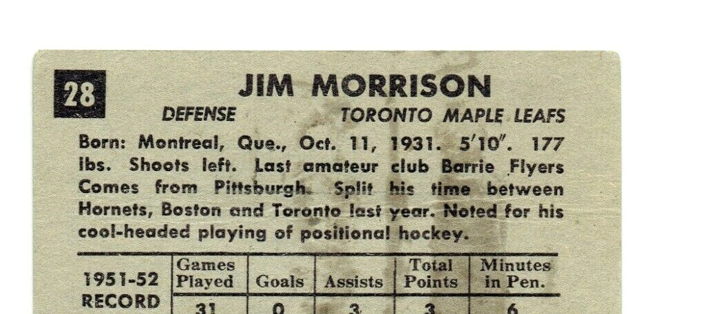 1952-53 Parkhurst Hockey #28 JIM MORRISON -Rookie (Toronto Maple Leafs)  -  VG
