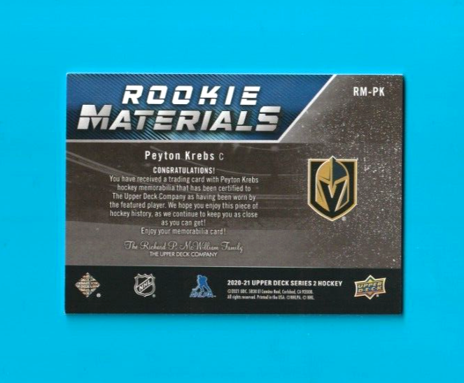 2020-21 Upper Deck Rookie Materials #RM-PK  -  Peyton Krebs  -  Vegas
