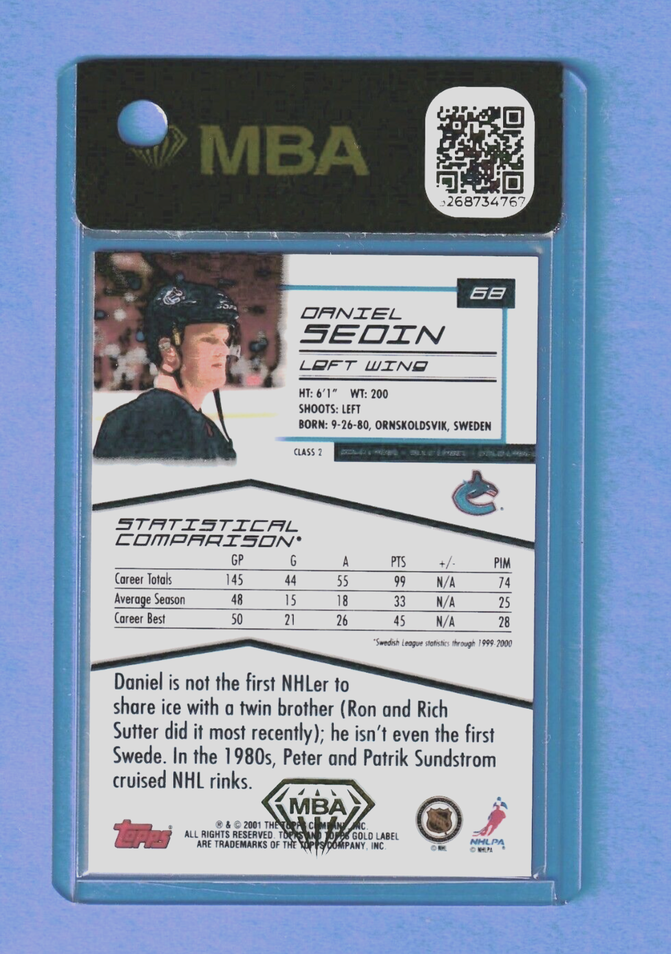 2000 Topps Gold Label Class 2  -   Daniel Sedin  #68   MBA AUTHENTIC   -   RARE