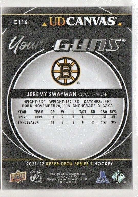 2021-22 UD Series 1 Canvas Young Guns Black #C116 Jeremy Swayman - Boston Bruins