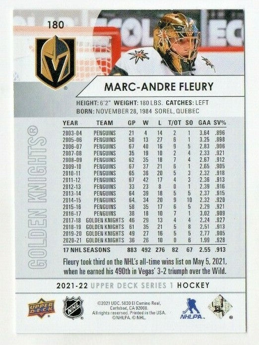 2021-22 UD Series 1 Base Street Clothes Variation #180 Marc-Andre Fleury - Vegas
