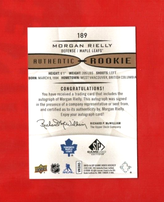 2013-14 Upper Deck SP Game  Used Signatures Rookies Auto Morgan Rielly RC  Leafs