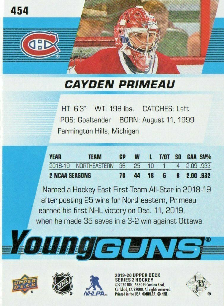 2019-20 Upper Deck Cayden Primeau Young Guns #454 Rookie Yg Canadiens Rc  NM-MT