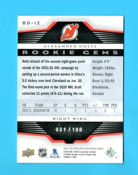2021-22 Extended Series Alexander Holtz Black Diamond Rookie Gems RC 031/100