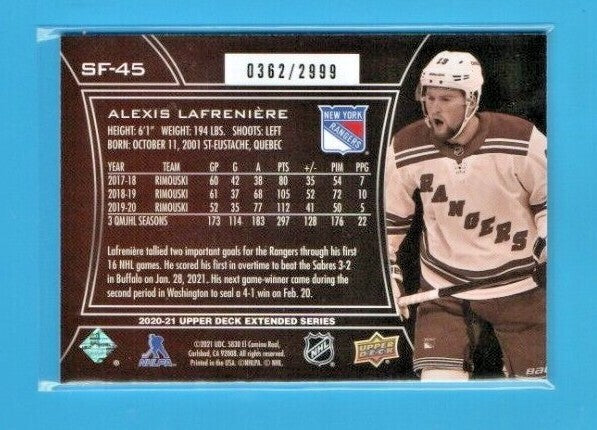 2020-21 Upper Deck SPx Finite #SF-45 Alexis Lafreniere 0362/2999  -  Rangers
