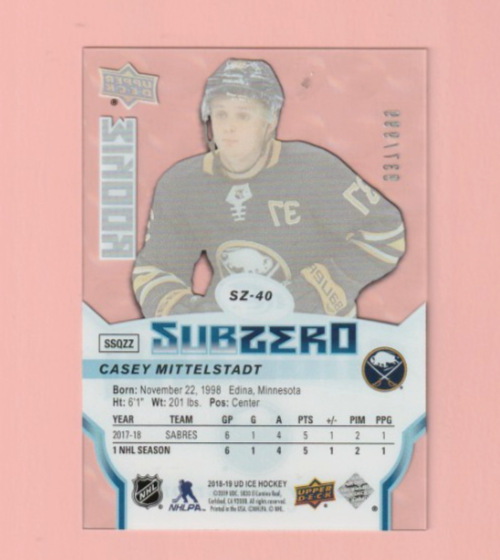 2018-19 UpperDeck Ice SubZero Rookie #SZ-40 Casey Mittelstadt RC 937/999 Buffalo