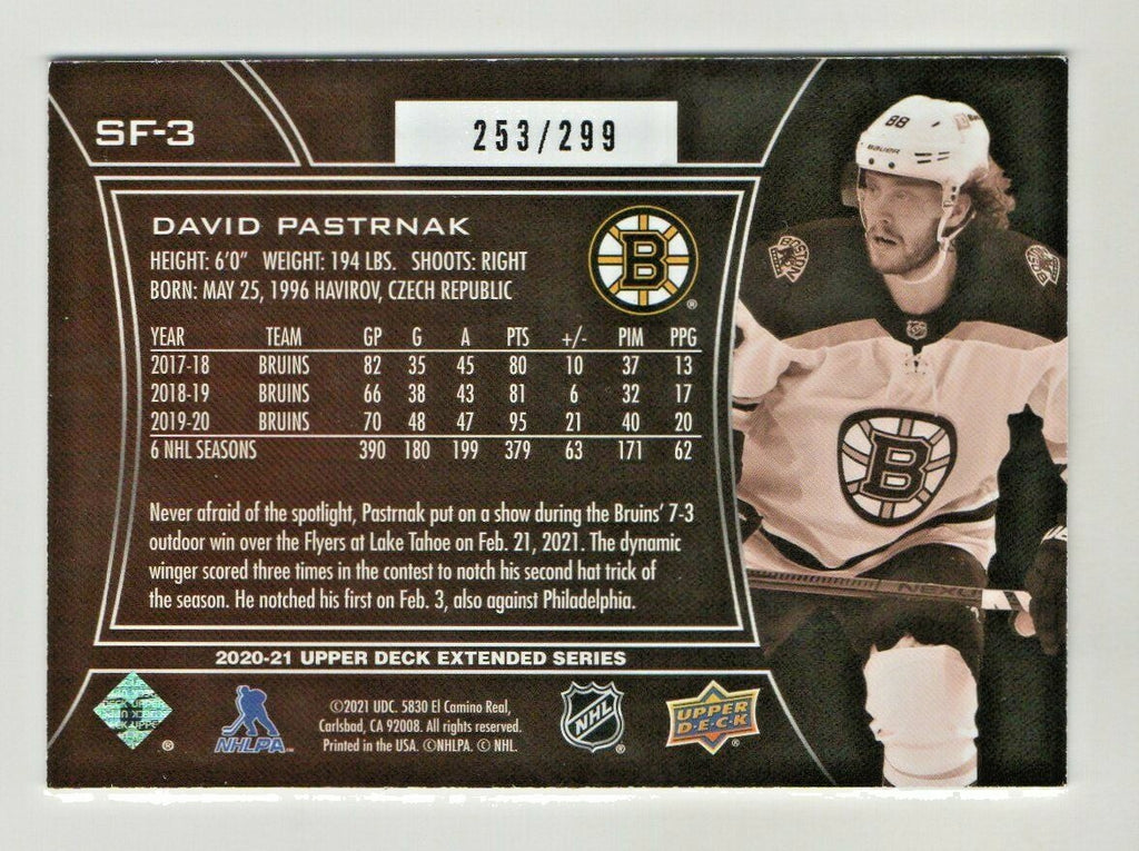 2020-21 Upper Deck Extended Series SPx Finite Radiance /299 David Pastrnak #SF-3