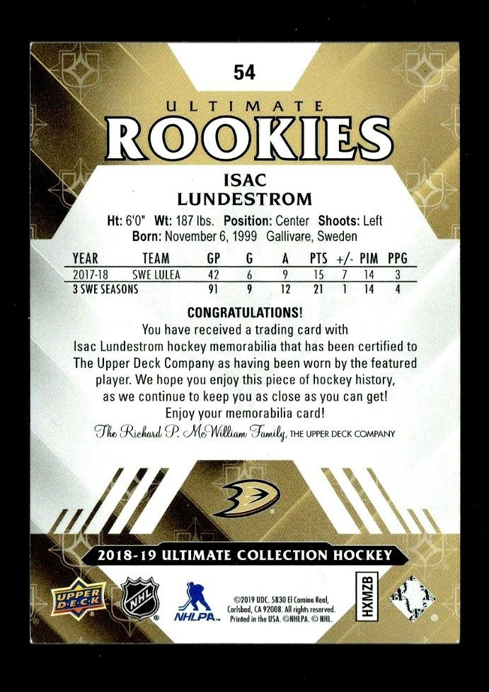 2018-19 Ultimate Jersey Rookies 54 Isac Lundestrom 314/399 - THREE COLOR - Ducks