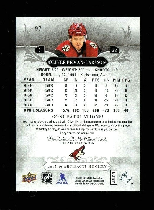 2018-19 Ekman-Larsson UD artifacts Dual Game Used Jersey #97,  146/165   Arizona