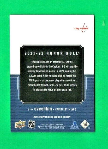 Alex Ovechkin 2021-22 Upper Deck Series 1 Honor Roll Rainbow Parallel 083/250