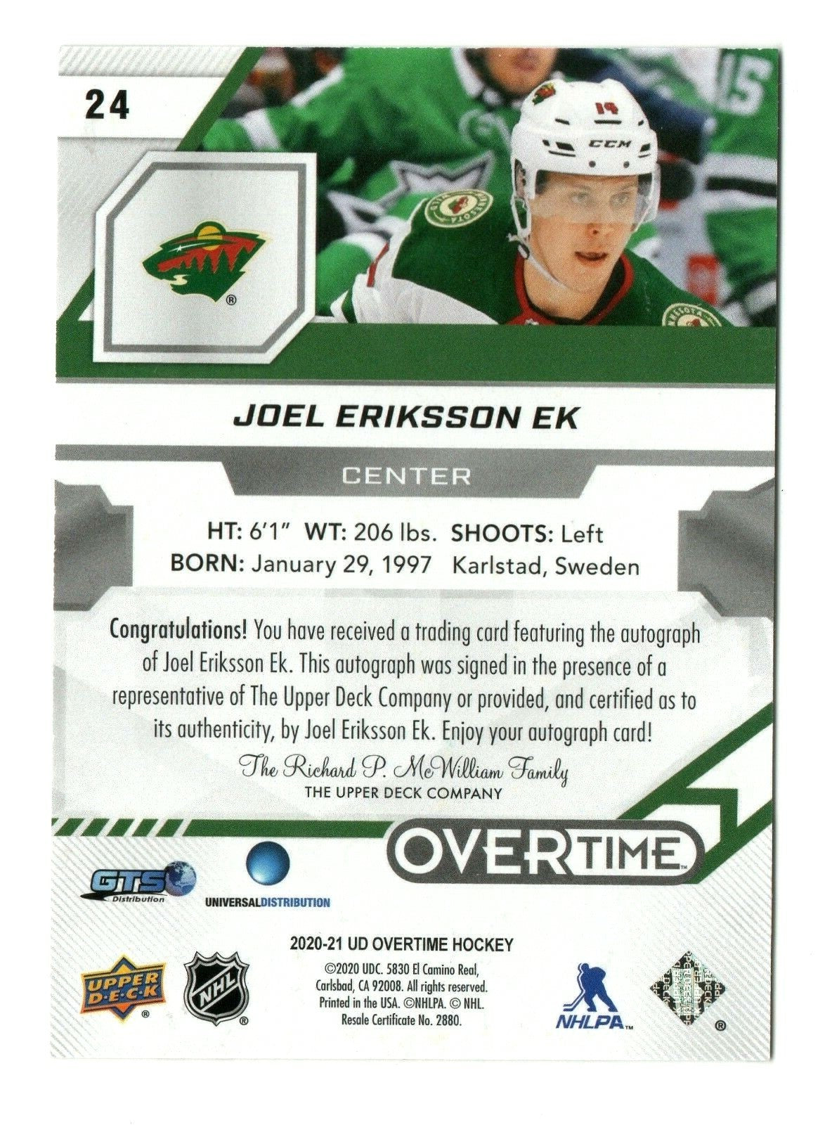 2020-21 Upper Deck Overtime Gold Auto  JOEL ERIKSSON  #24 Minnesota Wild