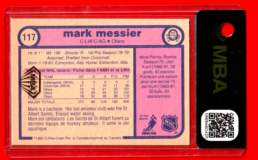 1982 O-Pee-Chee Hockey  -  Mark Messier #117  Edmonton Oilers  -   MBA AUTHENTIC
