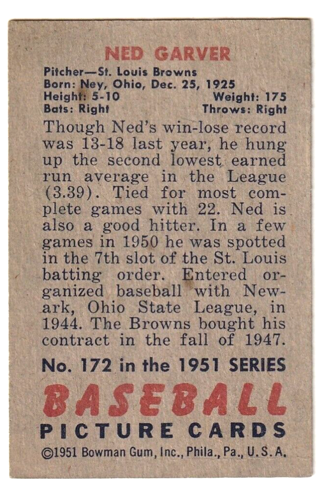 1951 Bowman  -  Ned Garver   -  St. Louis Browns #172   VG-EX