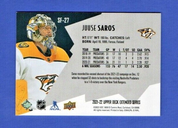 Juuse Saros   2021-22 UD Ext. SPxFinite Radiance Silver #SF-27  0267/2999