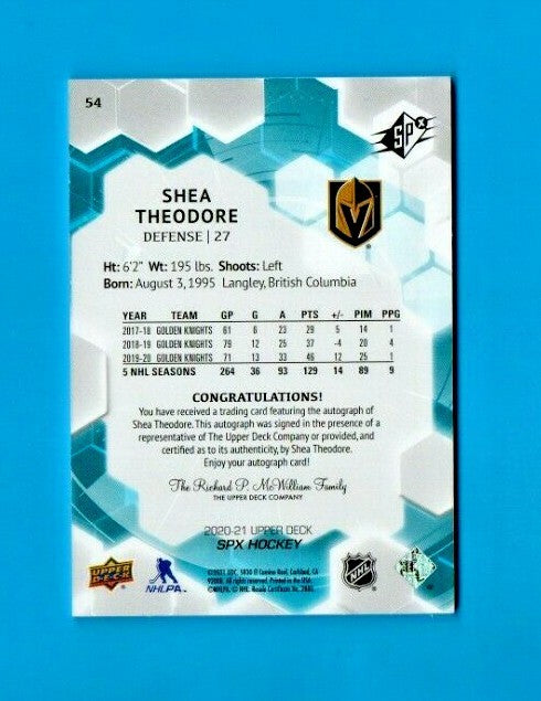 Shea Theodore Upper Deck Spx Hockey #54 2020-2021 Auto  -  Vegas Golden Knights
