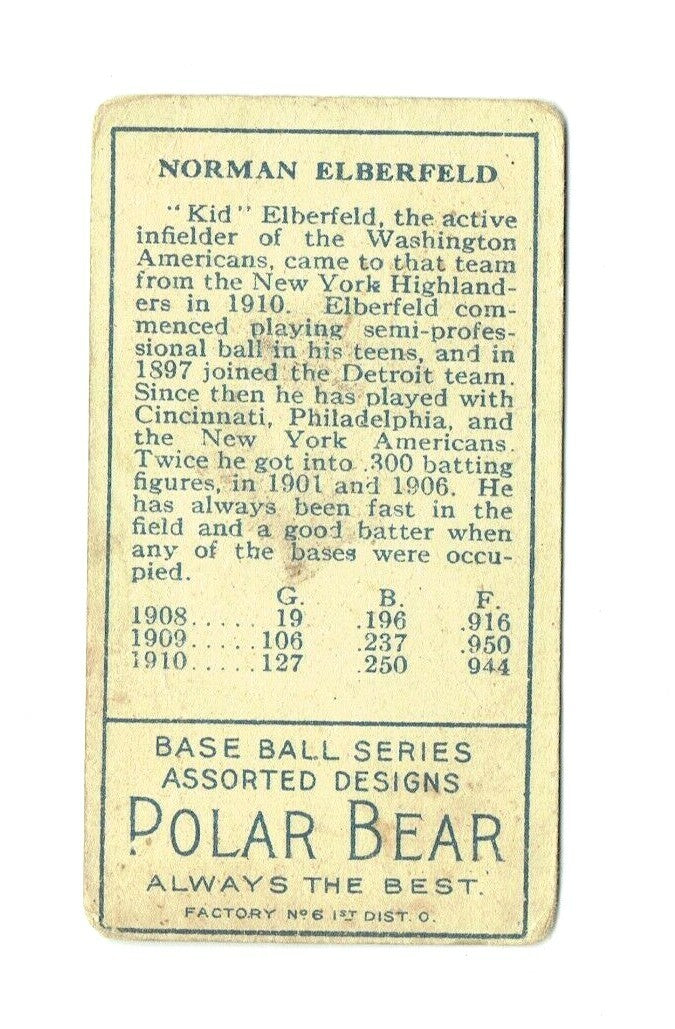1911 T205 NORMAN "KID" ELBERFELD SENATORS--- "Nice 100 Year old card"