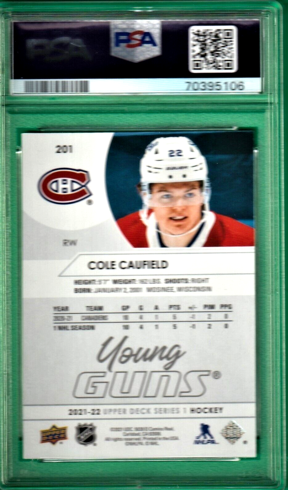 2021 Upper Deck Young Guns - Cole Caufield   -  Montreal  ROOKIE #201  PSA NM-MT