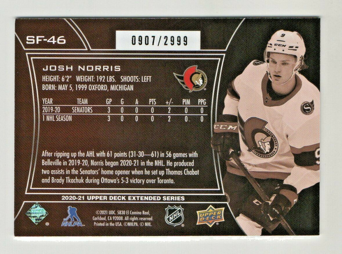 2020-21 Upper Deck Extended SPX FINITE 0907/2999 Josh Norris #SF-46 - Ottawa 