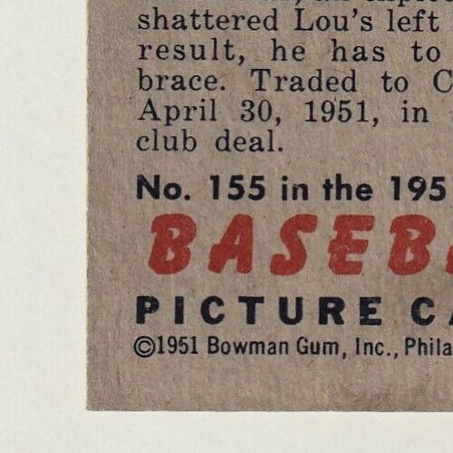 1951 Bowman  -  Lou Brissie   -  Cleveland Indians #155   EX-NRMT