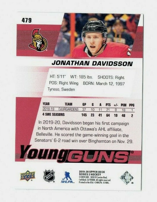 2019-20 UPPER-DECK YOUNG GUNS UD EXCLUSIVES JONATHAN DAVIDSSON #479 -  041/100