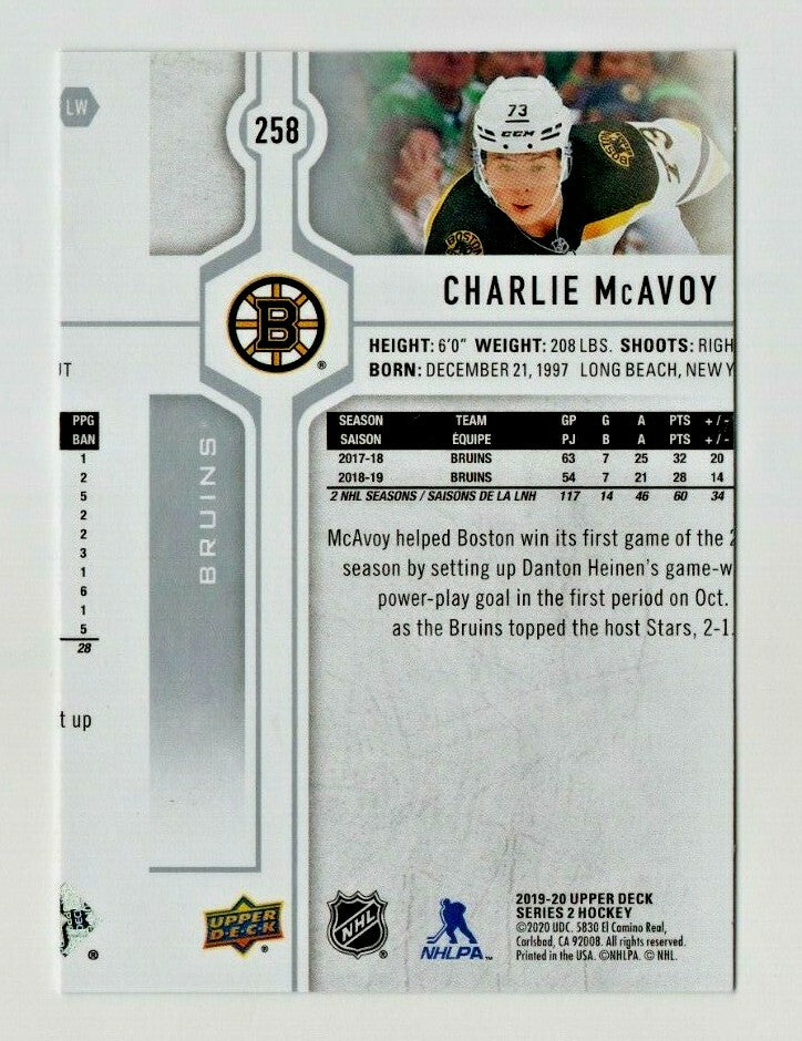 2019-20 UPPER DECK SERIES 2 Printing error card #258 CHARLIE McAVOY -- Bruins