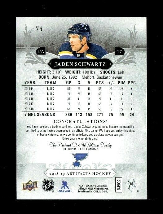 2018-19 UD Artifacts Jaden Schwartz Dual Jersey #75  058/165 SP St. Louis Blues