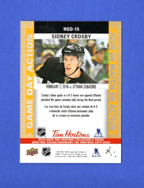 Sidney Crosby   2019-20   Upper Deck  - Tim Hortons  -  game day action  #HGD-15