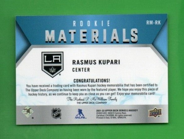 2021-22 Upper Deck Series 2 Rasmus Kupari Rookie Materials BLACK Jersey  #RM-RK