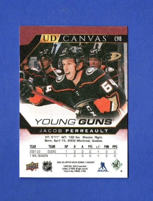 2022-23 Upper Deck Series 1 Young Guns Canvas C98 Jacob Perreault -Anaheim Ducks