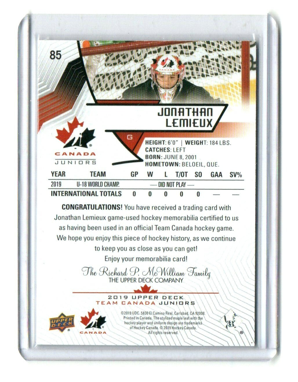 2019-20 Upper Deck Team Canada Juniors Jonathan Lemieux  #85 Jersey