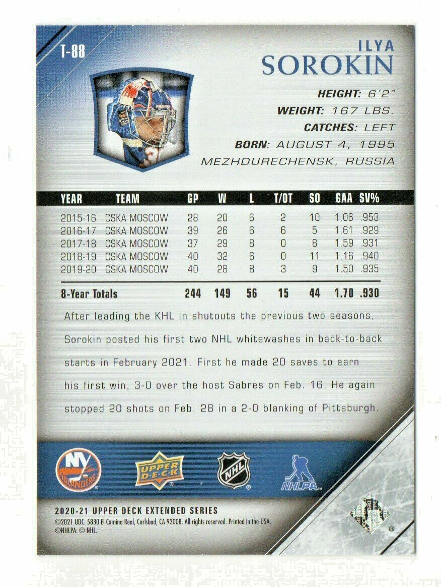 Ilya Sorokin 2020-21 UD Extended Series 05-06 UD Tribute Young Guns Rookie 