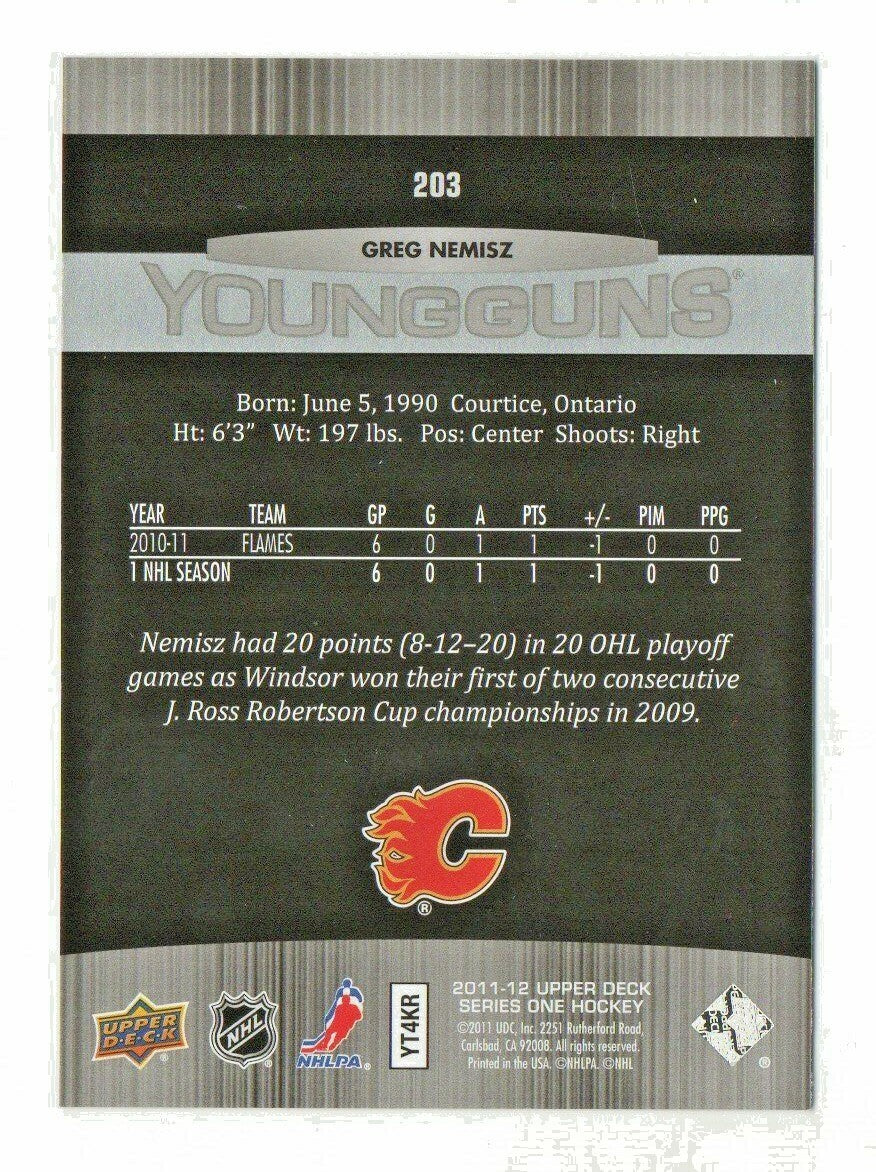 2011-12 Upper Deck Young Guns #203  --  Greg Nemisz  --  RC  - Calgary Flames