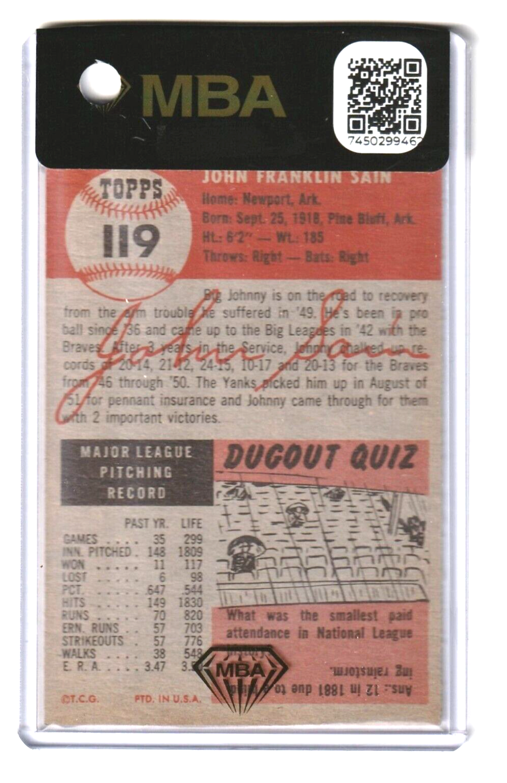 1953 Topps  - Johnny Sain  - SHORT PRINT #119 MBA AUTHENTIC  -  New York Yankees